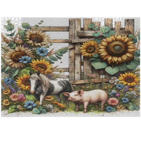 Ambesonne Rustic Jigsaw Puzzle, Vintage Farm Pig and Horse, Heirloom-Quality Fun Activity for Family Durable Cardboard, 1000 pcs, Mustard Green Taupe