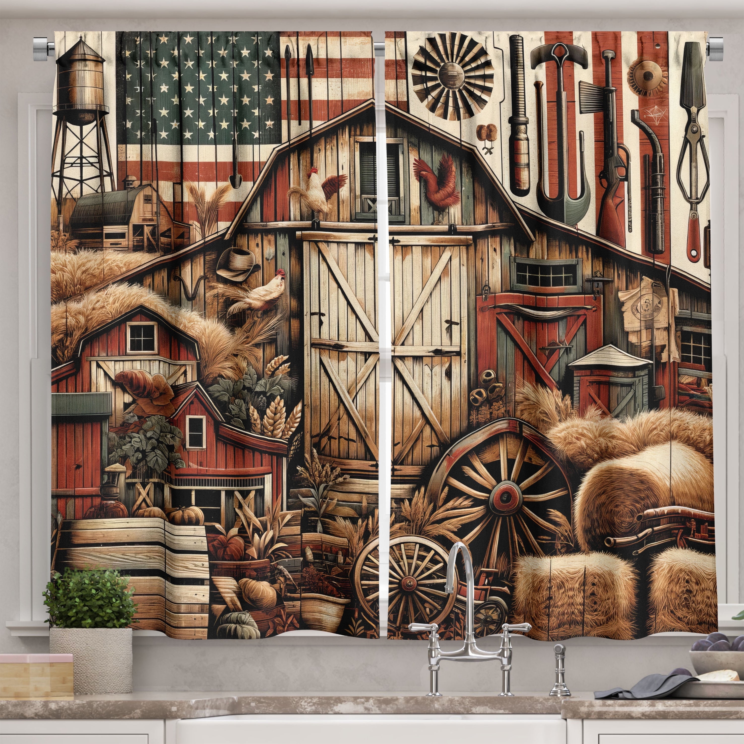 Rustic Farmhouse American Barn Kitchen Window Curtains 55" x 24"