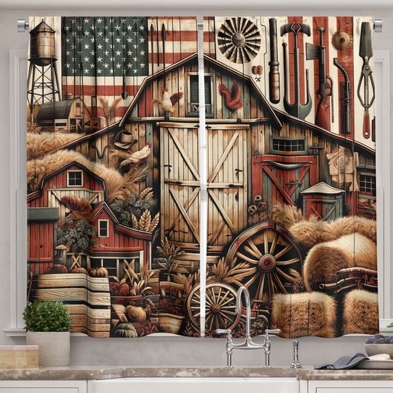 Ambesonne Rustic Kitchen Curtains, American Barn Western Farm, 55"x30", Paprika Caramel and Dark Teal