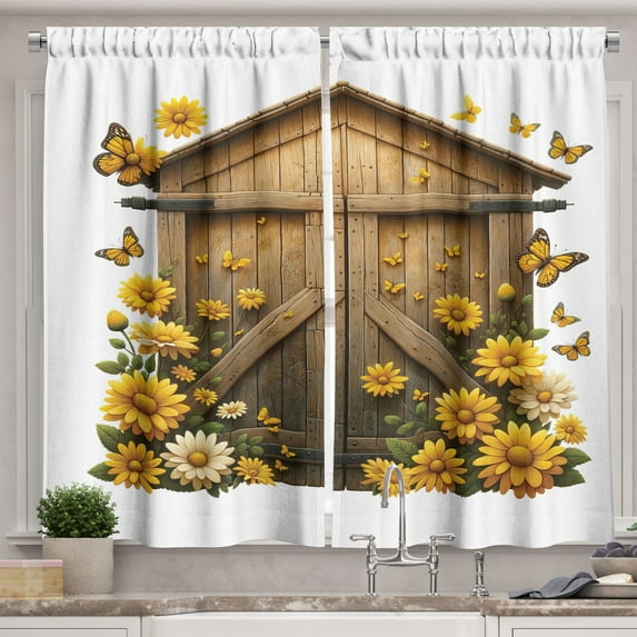 Ambesonne Rustic Kitchen Curtains, Barn Cottage Summer Flowers, 55"x36", Earth Yellow and Cocoa