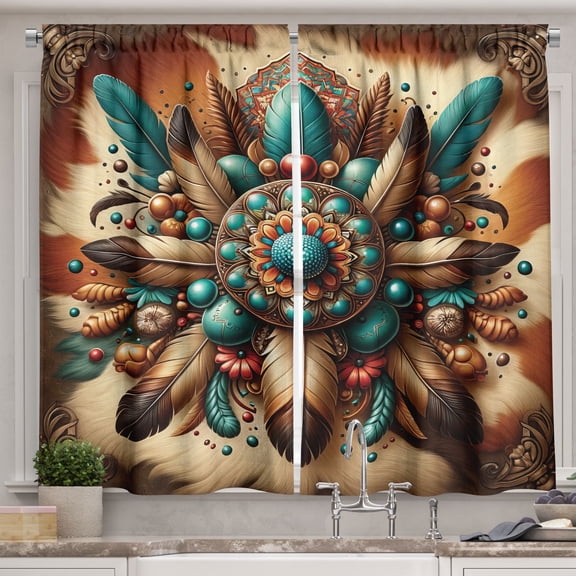 Ambesonne Rustic Kitchen Curtains, Boho Earthy Feathers Mandala, 55"x36", Teal Cinnamon Brown