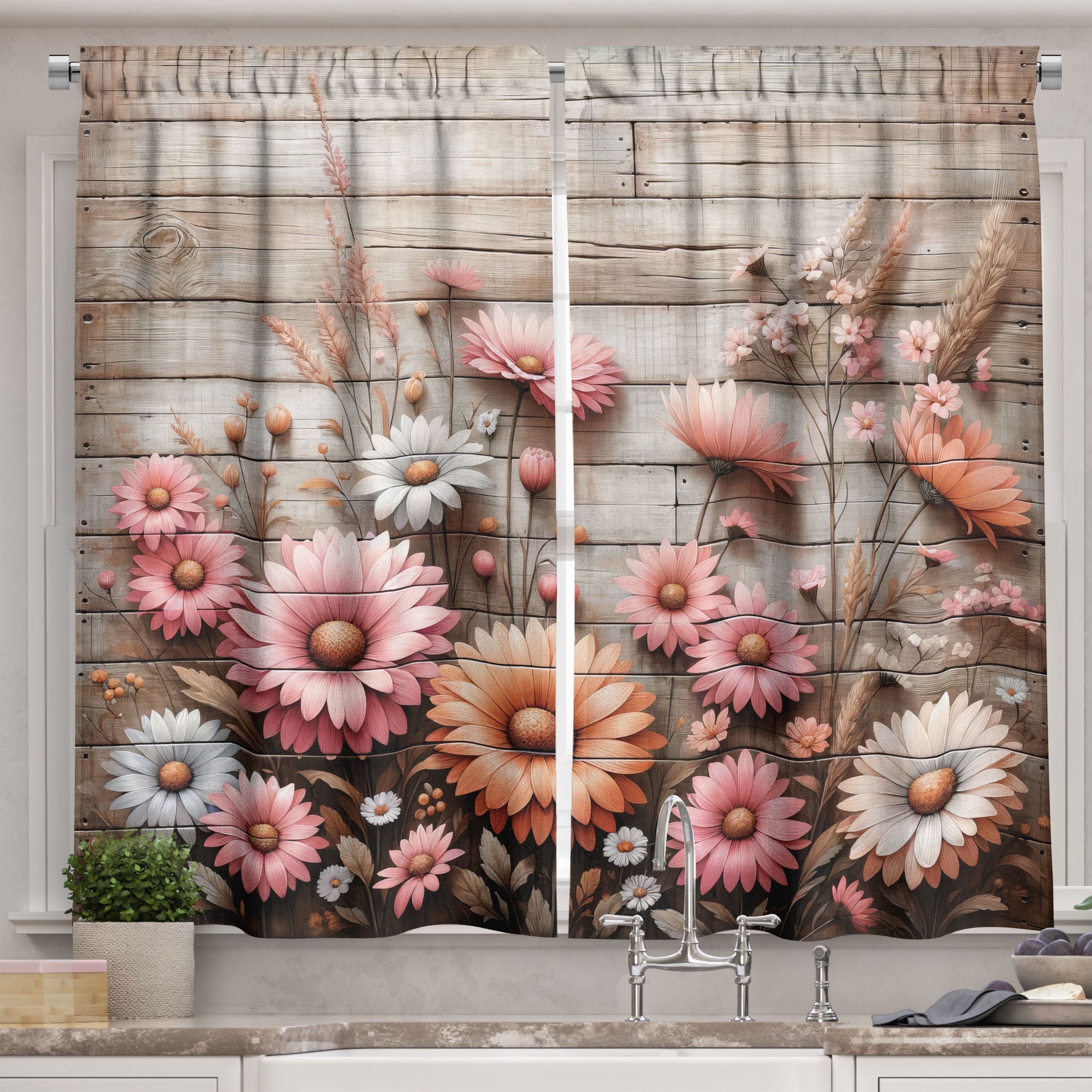 Ambesonne Rustic Kitchen Curtains, Cottagecore Meadow Flowers, 55"x45 ...