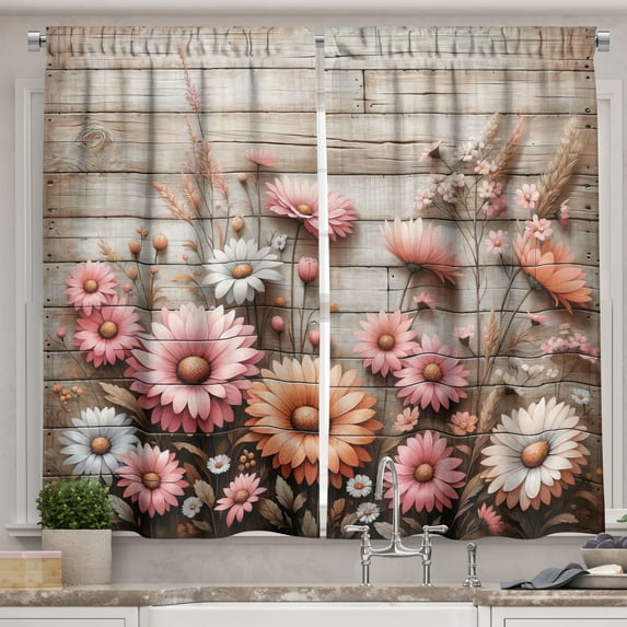 Ambesonne Rustic Kitchen Curtains, Cottagecore Meadow Flowers, 55"x45", Pink Salmon and Pale Taupe