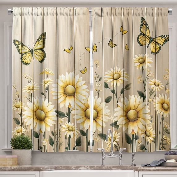 Ambesonne Rustic Kitchen Curtains, Cottagecore Sunflower Vibes, 55"x36", Dark Green and Yellow