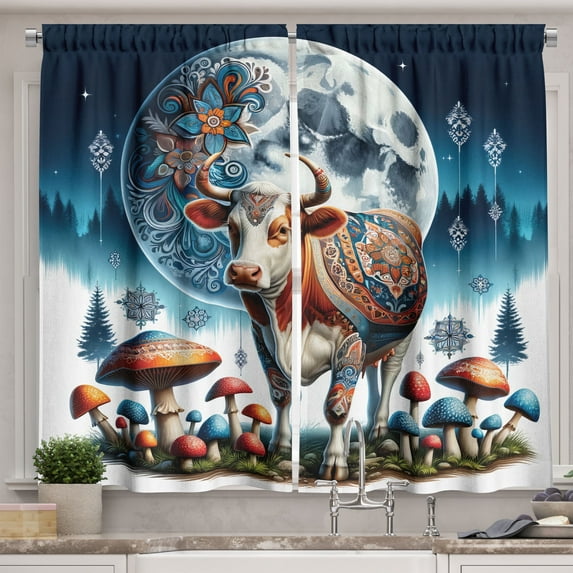 Ambesonne Rustic Kitchen Curtains, Ethnic Night Woods Moon Cow, 55"x45", Petrol Blue and Burnt Sienna