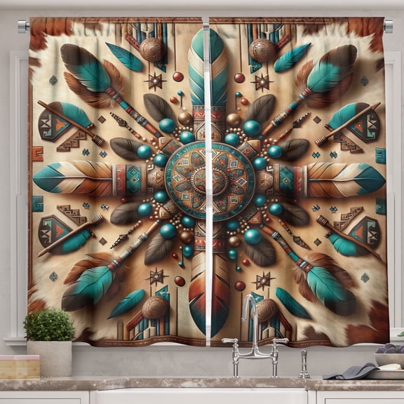 Ambesonne Rustic Kitchen Curtains, Ethnic Southwestern Feathers, 55"x39", Redwood and Dark Turquoise