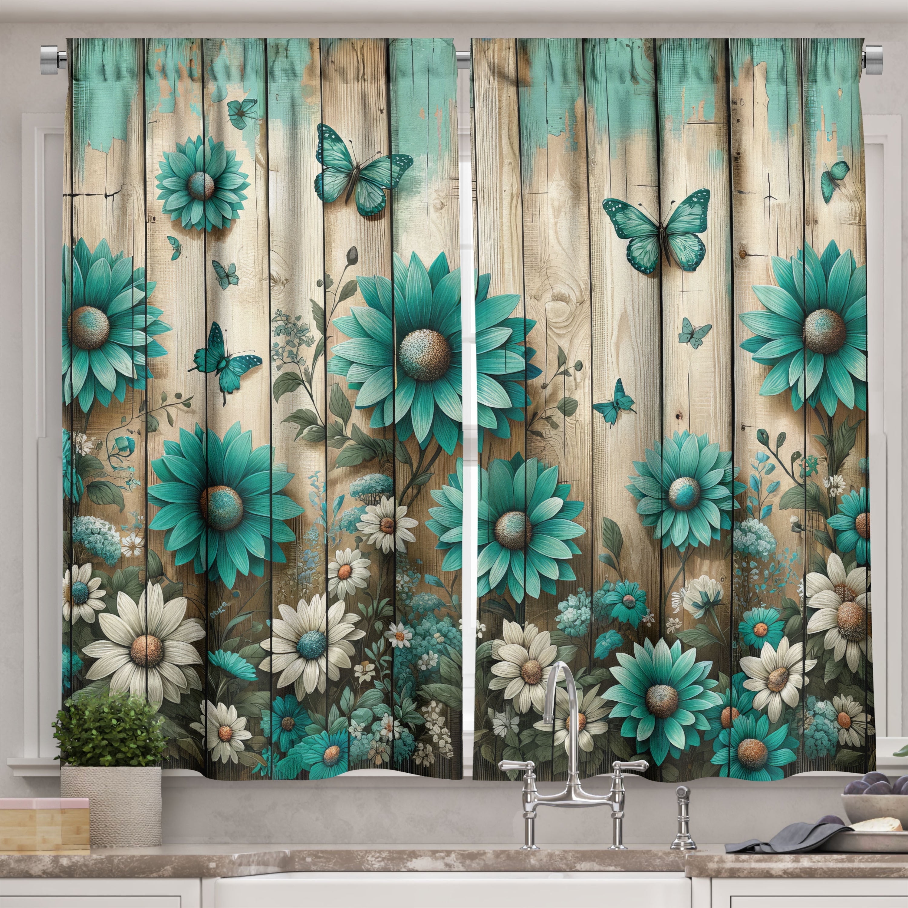 Turquoise and Gray Floral Polyester Kitchen Curtains Set