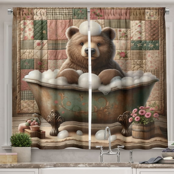 Ambesonne Rustic Kitchen Curtains, Farmhouse Grizzly Bear Bath, 55"x39", Chocolate Rose Green