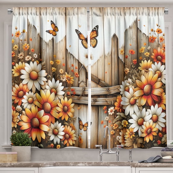 Ambesonne Rustic Kitchen Curtains, Farmhouse Summer Chamomiles, 55"x36", Orange Sepia and Off White