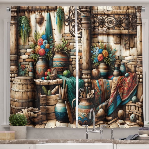 Ambesonne Rustic Kitchen Curtains, Grunge Ethnic Vases Objects, 55"x36", Pale Brown Teal Cinnamon