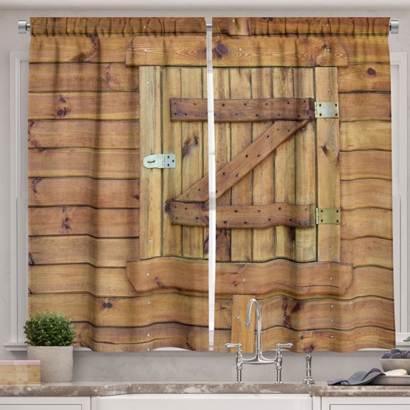 Ambesonne Rustic Kitchen Curtains, Grunge Wooden Shutters, 55"x45", Brown Pale Brown