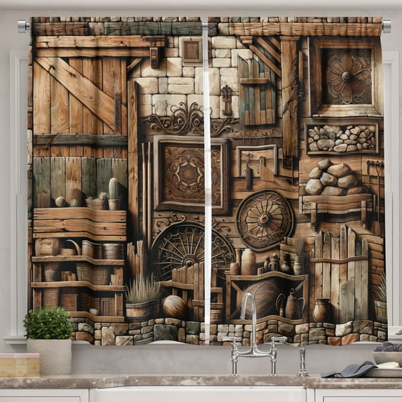 Ambesonne Rustic Kitchen Curtains, Medieval Cottage Scene Art, 55"x45", Grey Teal Brown