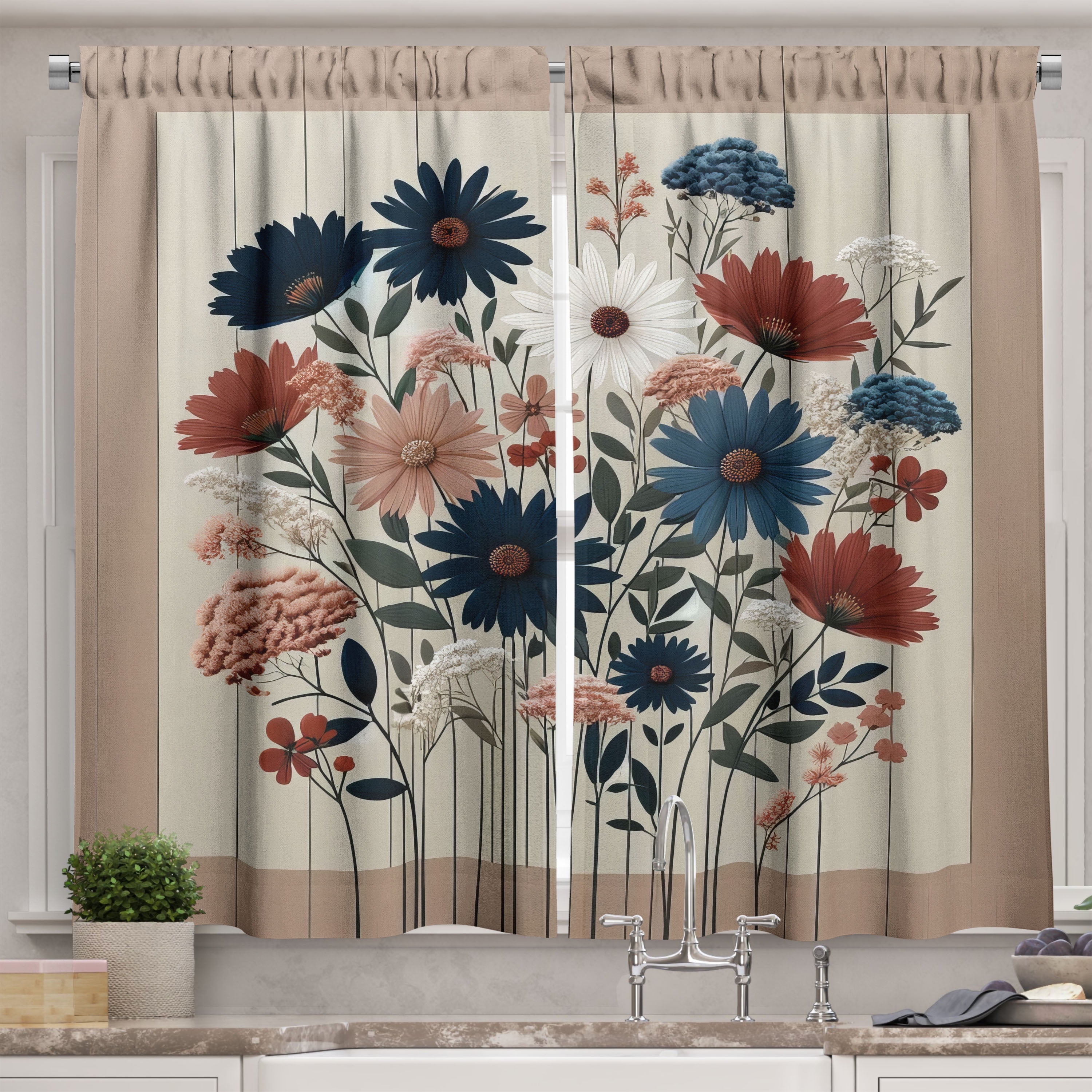 Floral Taupe and Blue Light Filtering Kitchen Curtains