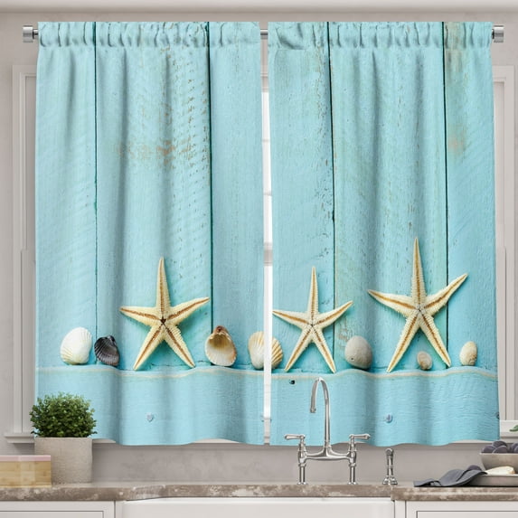Ambesonne Rustic Kitchen Curtains, Nautical Stars Shell Marine, 55"x45", Beige Pale Blue