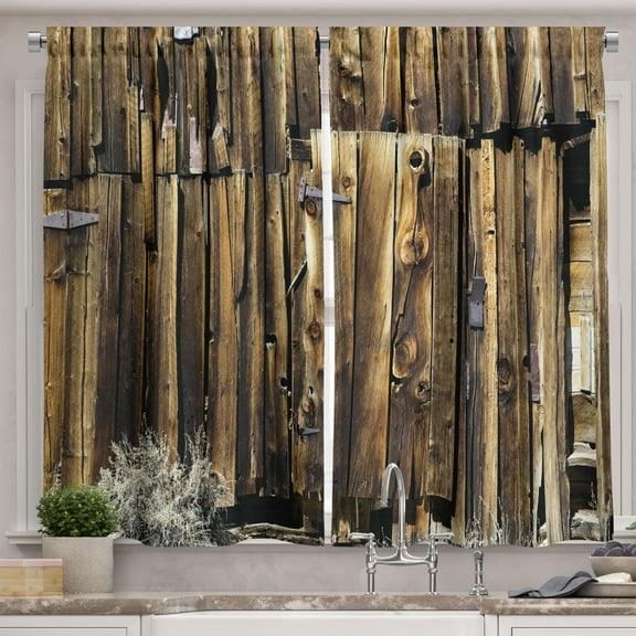 Ambesonne Rustic Kitchen Curtains, Oak Barn Timber Door, 55"x24", Brown