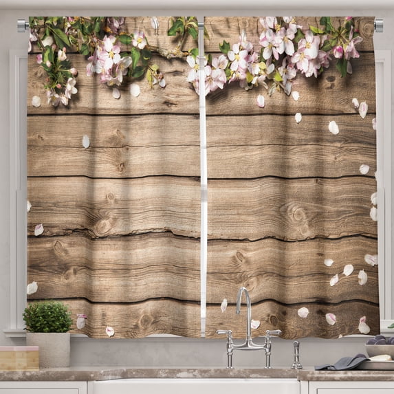 Ambesonne Rustic Kitchen Curtains, Spring Petals Cottagecore, 55"x45", Sand Brown and Rose