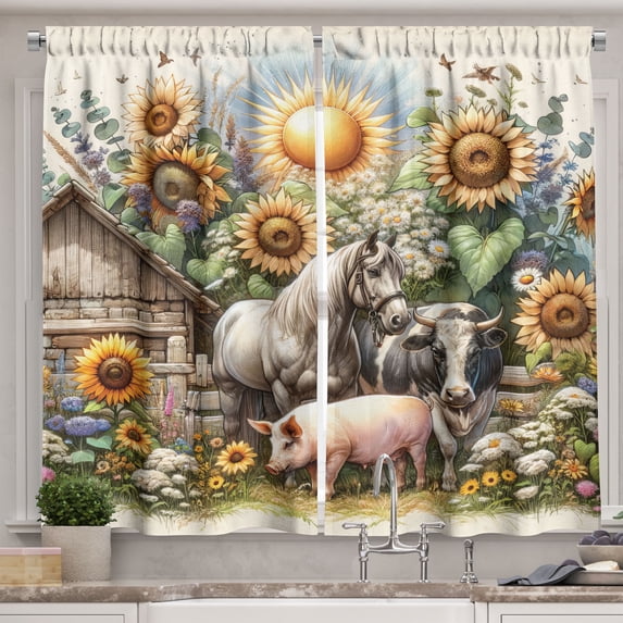 Ambesonne Rustic Kitchen Curtains, Vintage Rural Farmhouse Life, 55"x36", Earth Yellow and Multicolor