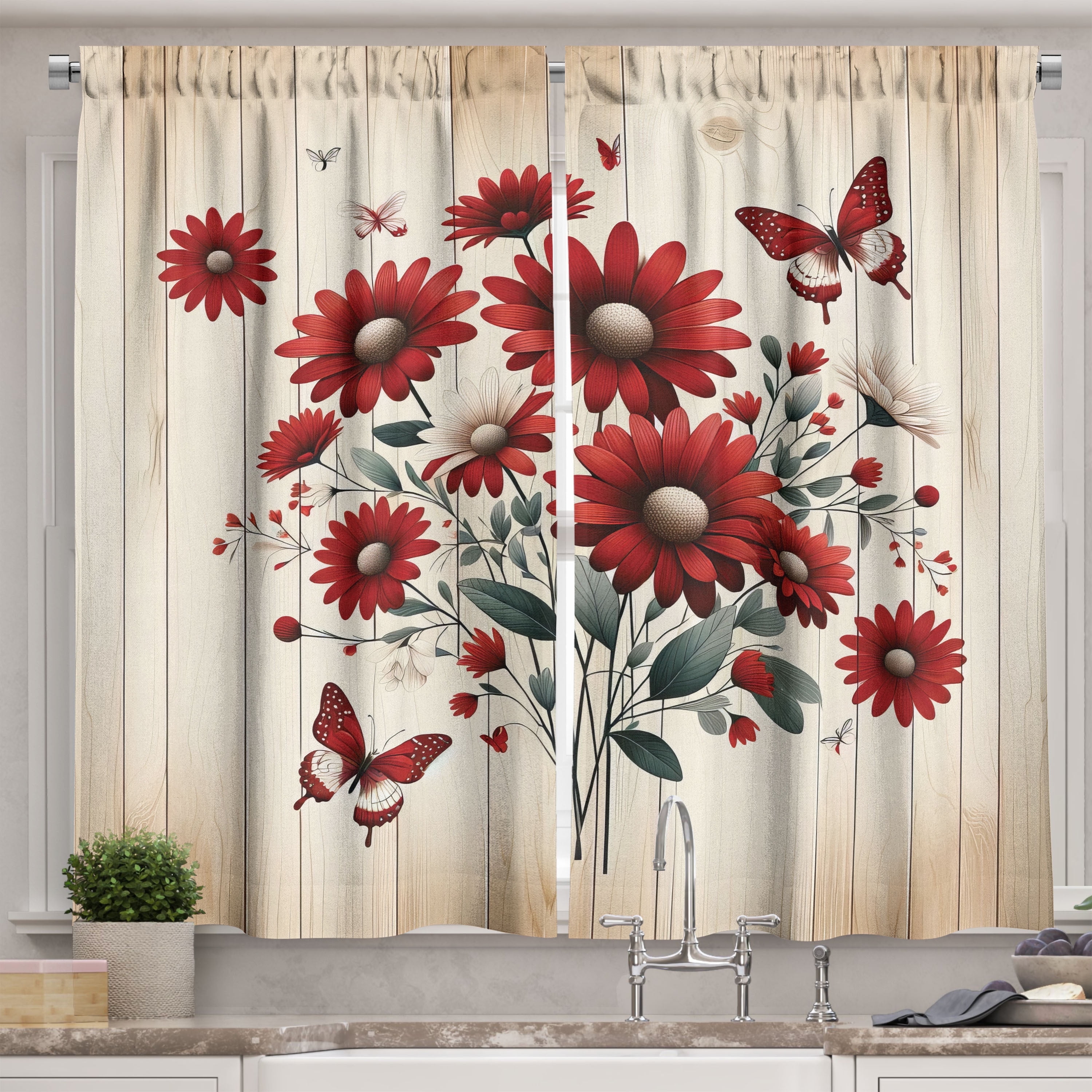 Floral Red and Blue Polyester Kitchen Tier Curtains