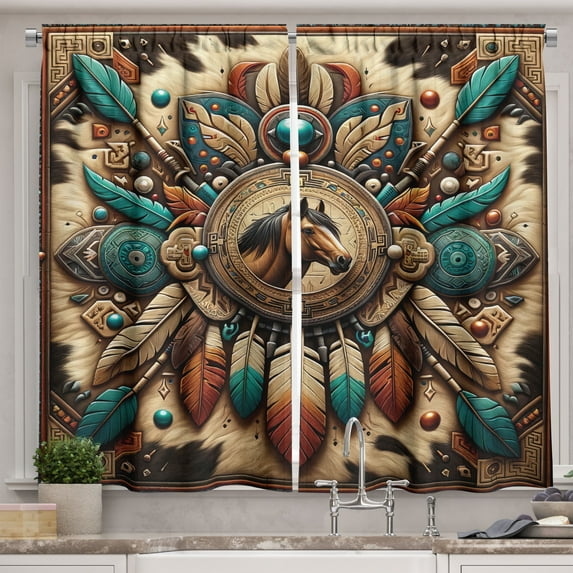 Ambesonne Rustic Kitchen Curtains, Wild West Horse Feathers, 55"x39", Teal Dark Taupe Cinnamon
