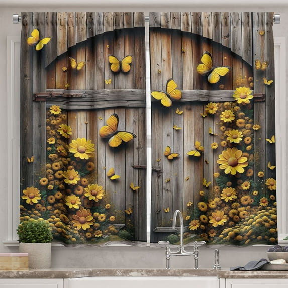 Ambesonne Rustic Kitchen Curtains, Yellow Farmhouse Romance, 55"x39", Mustard Taupe Caramel