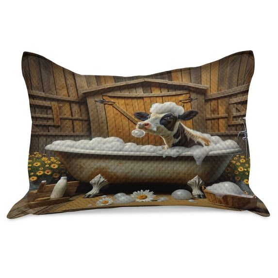 Ambesonne Rustic Knitted Quilt Pillowcover, Cow in Bubbly Bathtub Barn, 36"x20", Caramel Yellow and Brown