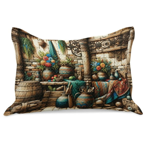 Ambesonne Rustic Knitted Quilt Pillowcover, Grunge Ethnic Vases Objects, 30"x20", Pale Brown Teal Cinnamon