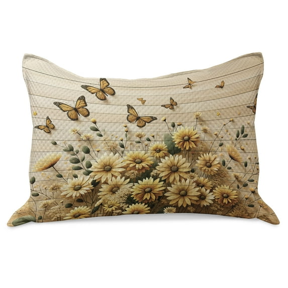 Ambesonne Rustic Knitted Quilt Pillowcover, Meadow Bloom Butterflies, 30"x20", Pale Orange Tan Green