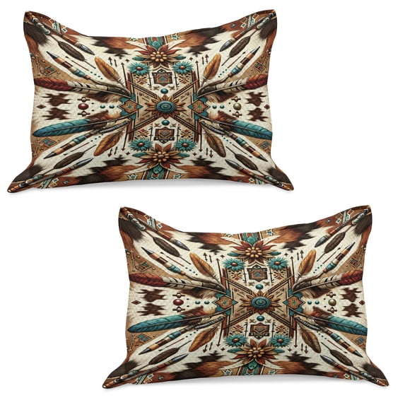 Ambesonne Rustic Knitted Quilt Pillowcover Set of 2, Aztec Inspired Feathers Art, 30" x 20", Cinnamon Redbrown and Teal