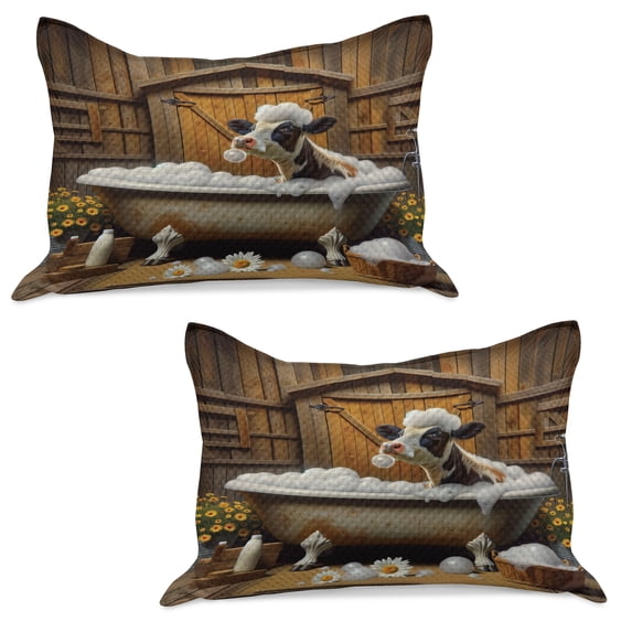 Ambesonne Rustic Knitted Quilt Pillowcover Set of 2, Cow in Bubbly Bathtub Barn, 36" x 20", Caramel Yellow and Brown