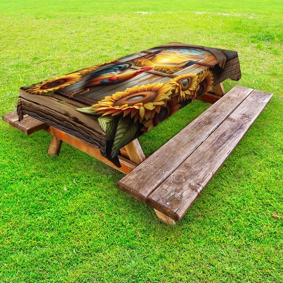 Ambesonne Rustic Outdoor Tablecloth, Sunset Rooster Sunflowers, 58"x120", Earth Yellow and Caramel