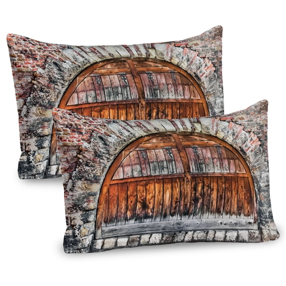 Ambesonne Rustic Pillow Sham 2 Pack, Old Brick Stone Oval Door, 26"x20", Brown and Grey