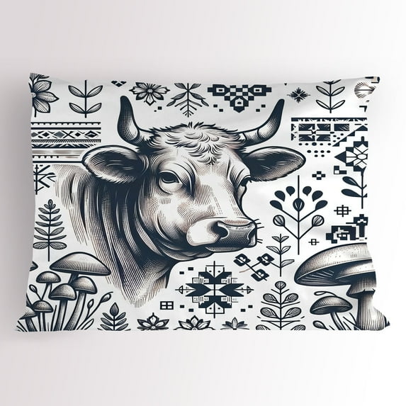 Ambesonne Rustic Pillow Sham, Botanical Southwestern Cow, 26" X 20", Dark Blue Grey and White