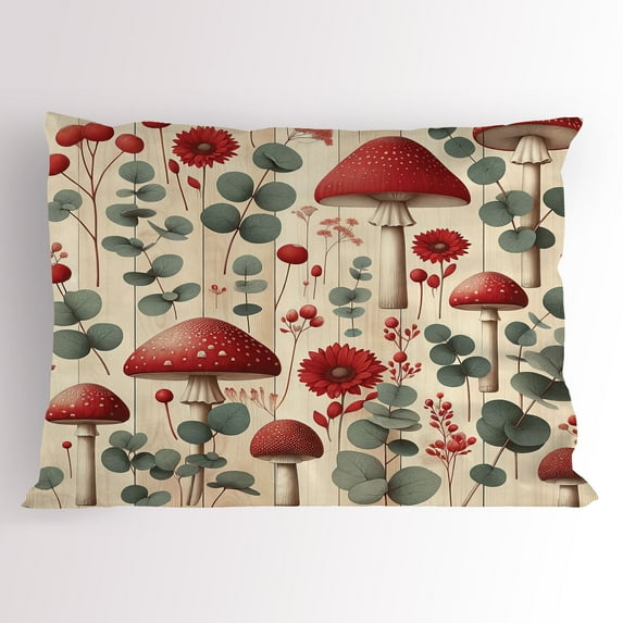 Ambesonne Rustic Pillow Sham, Floral Woodland Mushrooms, 26" X 20", Champagne Dark Coral