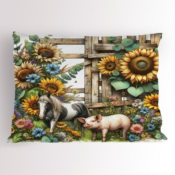 Ambesonne Rustic Pillow Sham, Vintage Farm Pig and Horse, 36" X 20", Mustard Green Taupe