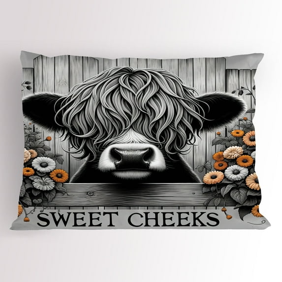 Ambesonne Rustic Pillow Sham, Vintage Farmhouse Cow Cheeks, 26" X 20", Grey Black and Orange