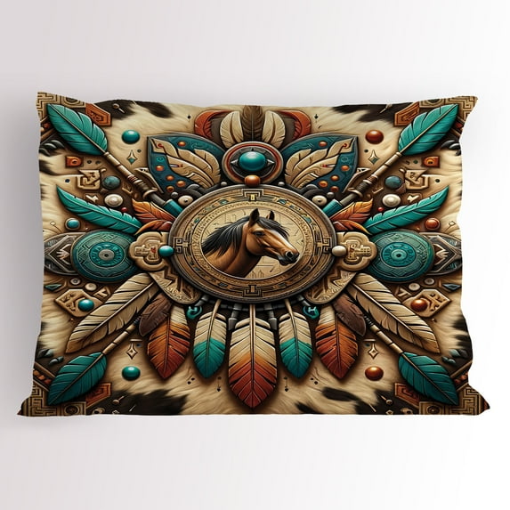 Ambesonne Rustic Pillow Sham, Wild West Horse Feathers, 26" X 20", Teal Dark Taupe Cinnamon