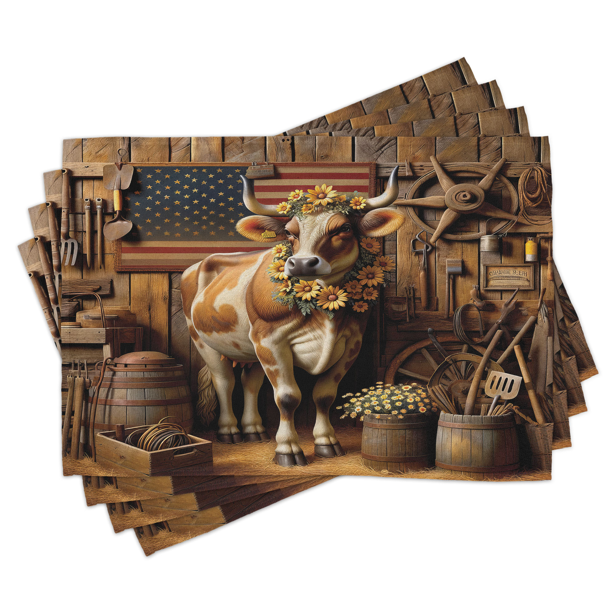 Ambesonne Rustic Place Mats Set of 4, Grunge Old Glory Barn Cow