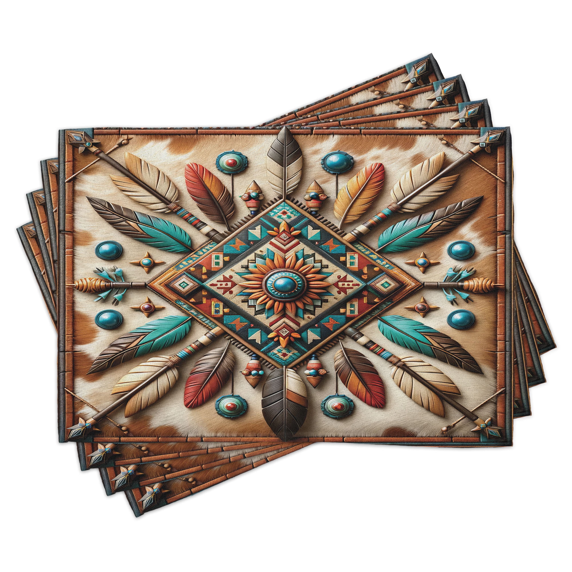 Southwestern Turquoise Cocoa and Redbrown Polyester Rectangle Placemats Set