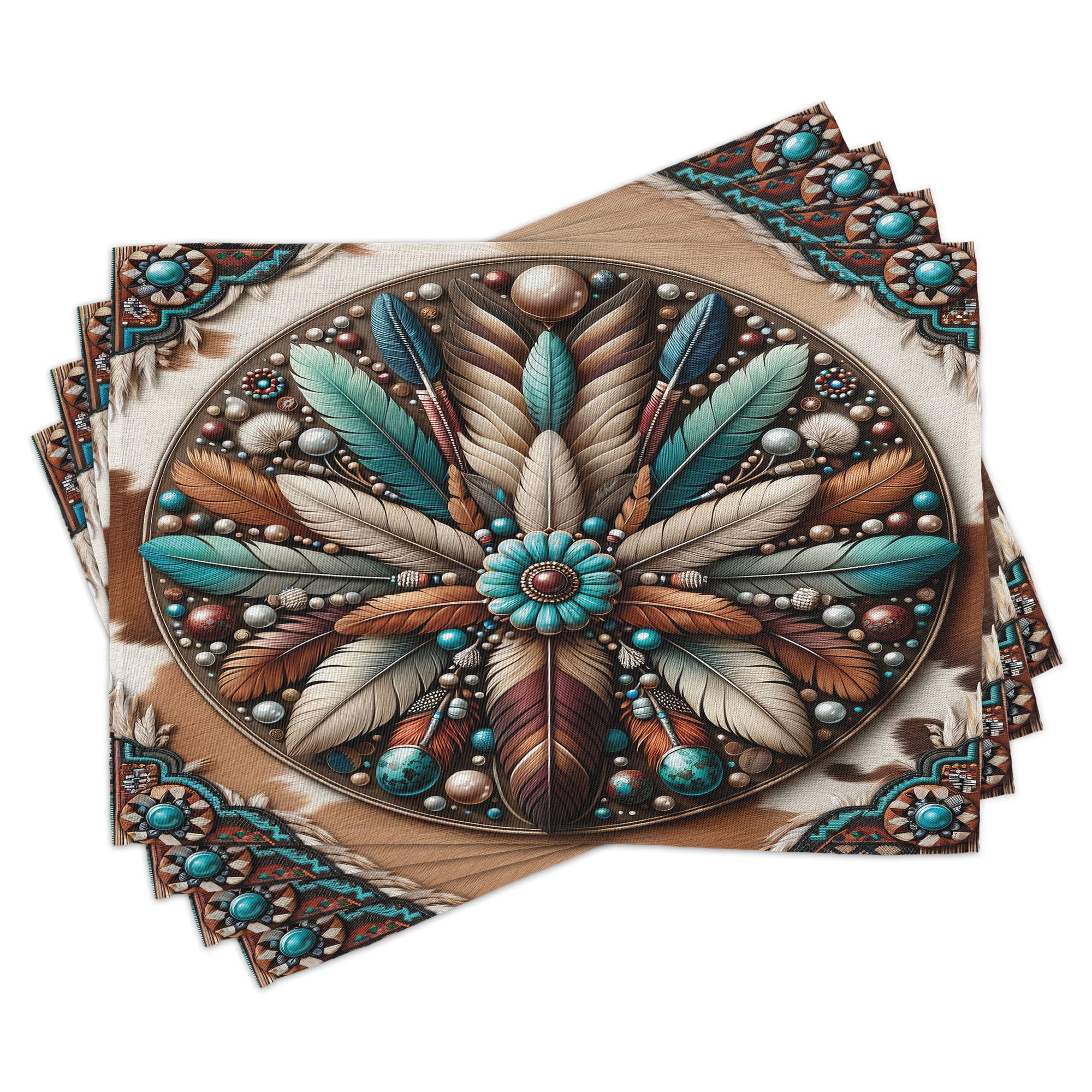 Southwestern Turquoise and Tan Polyester Rectangle Placemats Set of 4