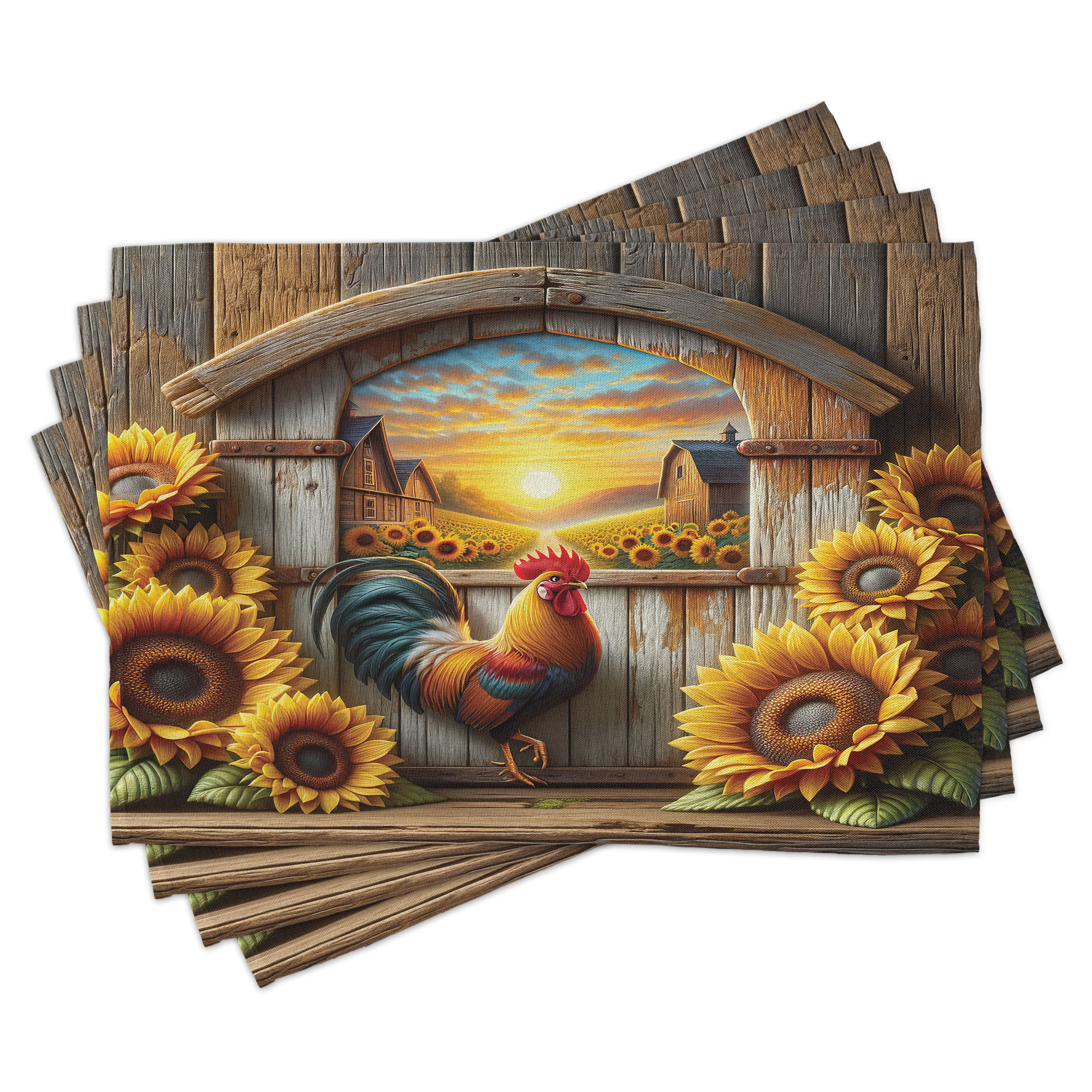 Rustic Photo Mat Ambesonne Rustic Place Mats Set of 4, Sunset Rooster Sunflowers ...