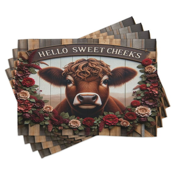 Ambesonne Rustic Place Mats Set of 4, Vintage Cottagecore Art Cow, Standard Size, Redbrown Maroon Taupe