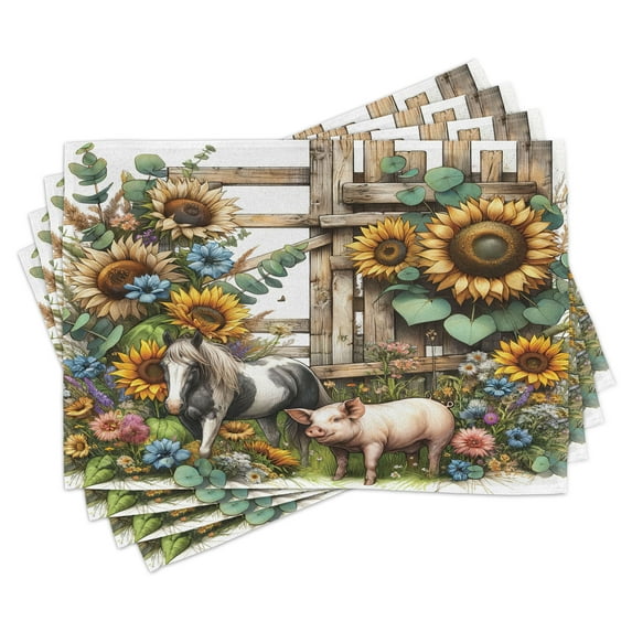 Ambesonne Rustic Place Mats Set of 4, Vintage Farm Pig and Horse, Standard Size, Mustard Green Taupe