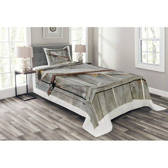 Ambesonne Rustic Quilted Bedspread Set 2 Pcs, Aged Wooden Barn Door, Twin Size, Brown