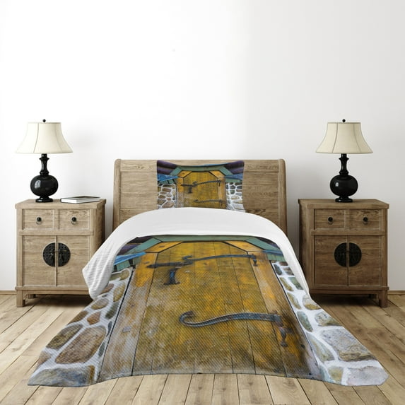 Ambesonne Rustic Quilted Bedspread Set 2 Pcs, Antique Door Stone House, Twin Size, Multicolor