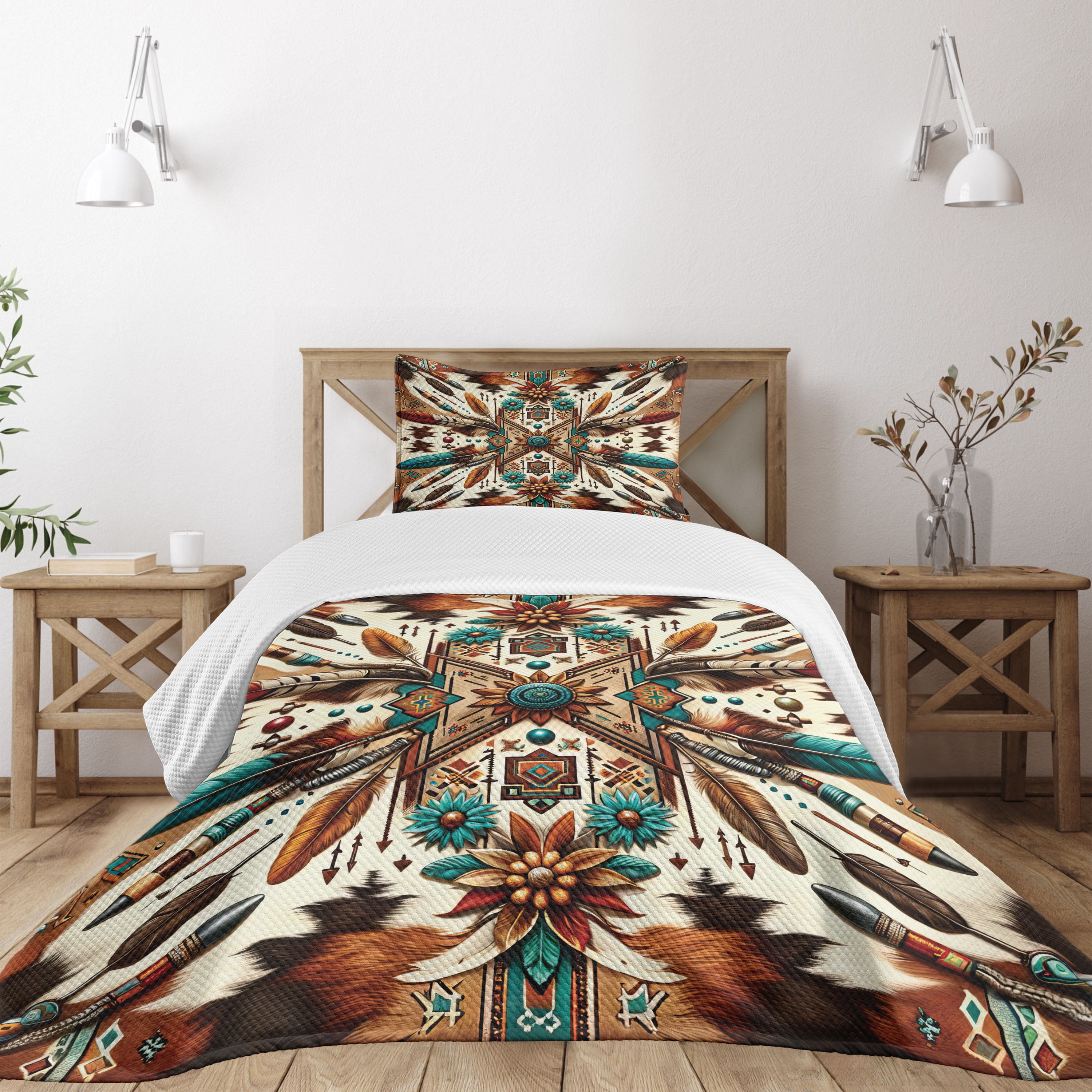 Twin White and Multicolor Aztec Inspired Bedspread Set