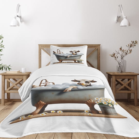 Ambesonne Rustic Quilted Bedspread Set 2 Pcs, Bathing Cow and Chamomiles, Twin Size, Coconut White and Cinnamon