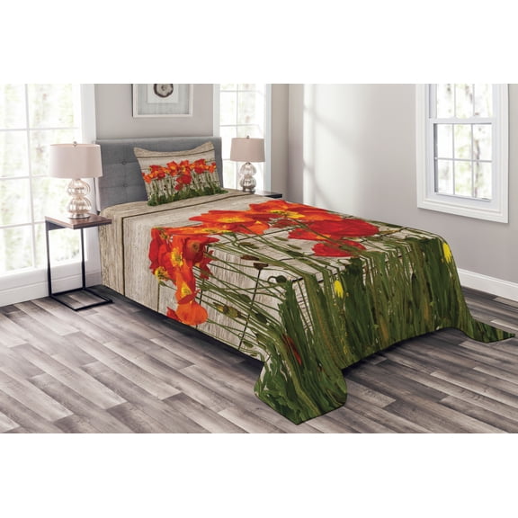 Ambesonne Rustic Quilted Bedspread Set 2 Pcs, Blooming Poppy Flowers, Twin Size, Orange Brown