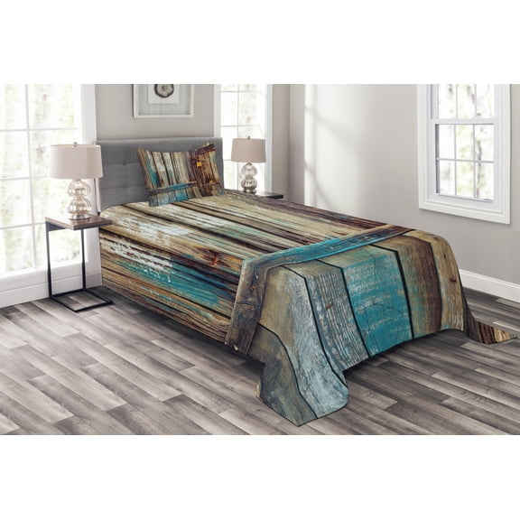 Ambesonne Rustic Quilted Bedspread Set 2 Pcs, Color Details Mansion, Twin Size, Brown