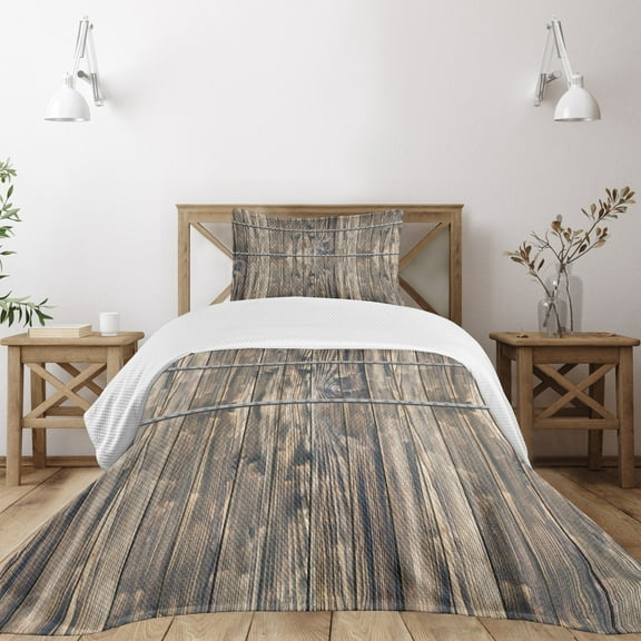 Ambesonne Rustic Quilted Bedspread Set 2 Pcs, Long Farmhouse Planks, Twin Size, Brown and Grey