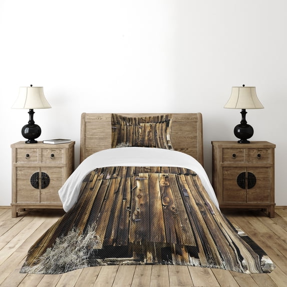 Ambesonne Rustic Quilted Bedspread Set 2 Pcs, Oak Barn Timber Door, Twin Size, Brown